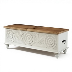 Banc de rangement en bois sculpté à la main, style bohème rustique vintage, avec motif mandala - Meuble d'appoint pour entrée - Product Image 3