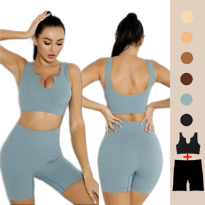Leggings de sport à <span class=keywords><strong>col</strong></span> en <span class=keywords><strong>V</strong></span> et à séchage rapide, ensemble de yoga côtelé et culotte de sport sans couture - Product Image 2
