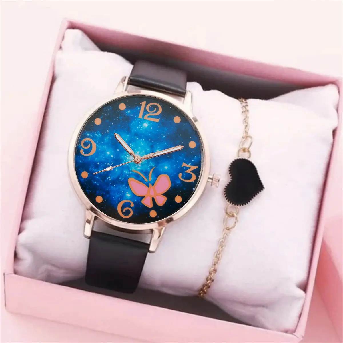 YuSa516 Relógio Simples de coração direto da fábrica para mulheres, pulseira de couro com cinto, conjunto de 2 peças, elegante, feminino, presente para presente