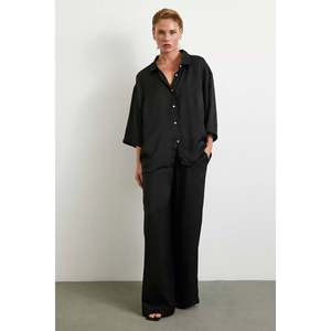 Pantalones Elegantes de Pierna Ancha, Negros, de Satén, Cintura Alta, Fluidos, para Mujer, Tela Transpirable - Product Image 5