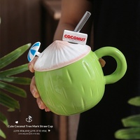 Mug en céramique créatif en forme de cocotier avec paille, cadeau mignon pour couple, pour hommes et femmes, tasse à café verte fabriquée à Chaozhou, souvenir