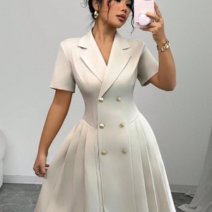 Abito Estivo Vintage da Donna AliExpress, Nuovo Modello a Mezza Lunghezza in Tinta Unita con Inserti in Poliestere, Stile Europeo e Americano - Product Image 4