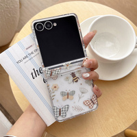 Coque de téléphone transparente vintage à motif écossais, papillon, abeille et floral pour Galaxy Z Flip 8-3 avec sangle à perles mélangées, housse de protection pliable