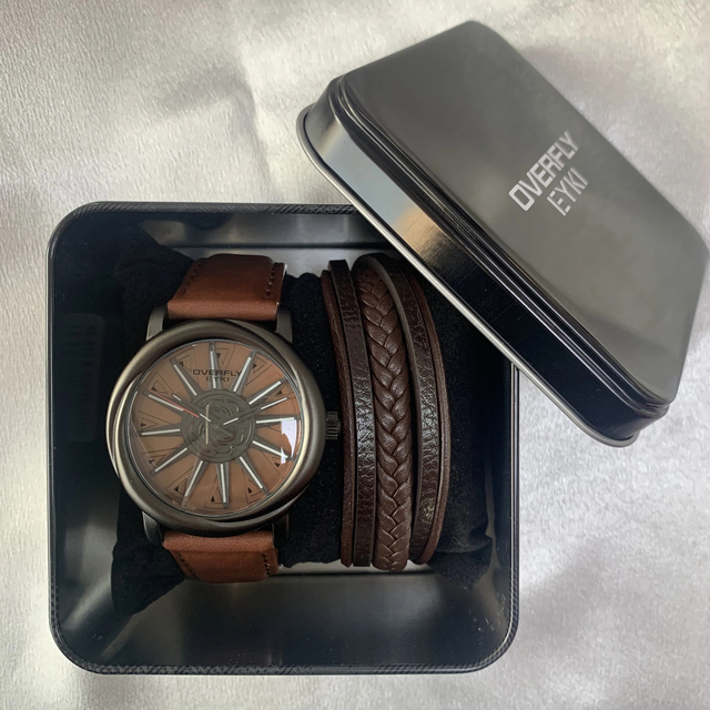 Luxury Fashion Men's Car Wheel Watch Spinning Wrist Watch and Leather Strap Bracelet Set Alloy Case