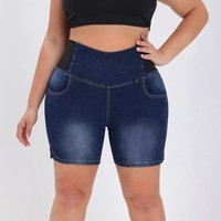 Shorts en jean taille haute pour femme grande taille, coupe slim, délavage clair, élastique latéral, longueur mi-cuisse, style décontracté – Nouvelle collection