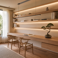 Système de bibliothèque murale sur mesure en bois fumé foncé avec éclairage LED pour bureau