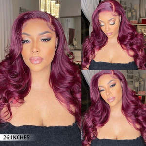 Perruque frontale 360 en dentelle pré-coupée sans colle Invisi-Band, couleur bordeaux 99J, cheveux humains ondulés - Product Image 4