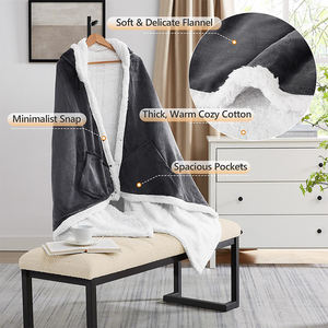 Couverture chauffante électrique portable à capuche en polaire Sherpa et flanelle avec poches géantes, 6 réglages de chaleur, arrêt automatique après 2 heures, USB - Product Image 5