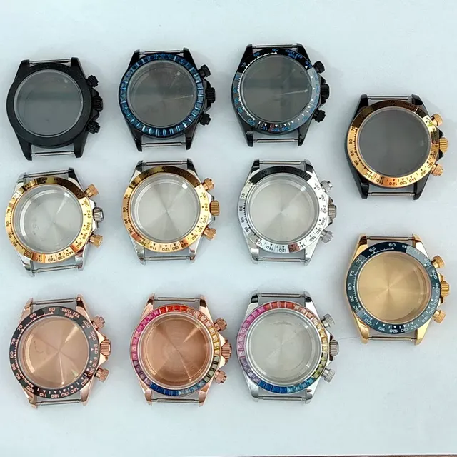 Watch Case 39mm Stainless Steel Handmade Ring Dense Bottom Flat Mirror Fits VK63 Three Eyes Quartz Movement