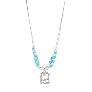 Women's Imitation Pearl Turquoise Beads Cross Heart Gemstone Rhinestone Charms Silver Steel Chains