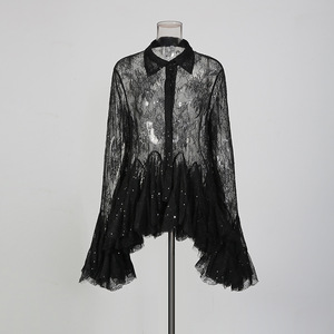Women's Sheer Lace <b>Sequin</b> Ruffle Hem Shirt Dress Elegant Romantic Party Dresses Fashion - Product Image 2