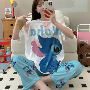 Ensemble pyjama d'été deux pièces pour femme, motif dessin animé, manches courtes, pantalon, col rond, tenue de nuit et d'intérieur - Product Image 1