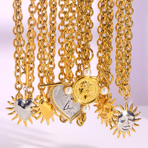 JUSNOVA kalung baja tahan karat 18K wanita, perhiasan Vintage lapis emas dengan liontin koin berbentuk bulat untuk hadiah acara - Product Image 1