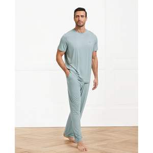 Wholesale <b>Men's</b> Bamboo Viscose <b>Pajama</b> Set Short Sleeve <b>Top</b> Long Pants 2 Piece Sleepwear Buttery Soft Drawstring Waist - Product Image 2