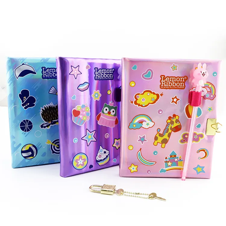 Students Stationery Mini Diary Laser PU 4c Coated Journal (80 Sheets) with Real Padlock Diary and Pen Set Bundle