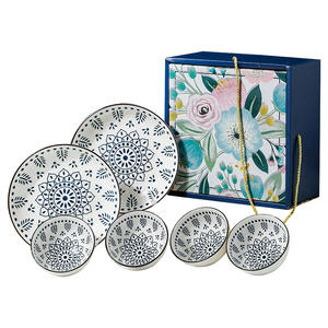 طقم أدوات مائدة سيراميك لـ 4 أشخاص قابل للاستخدام في الميكروويف، يتضمن 4 أوعية، 2 طبق، 8 عيدان طعام، في علبة هدايا سيراميك، هدية مثالية للعائلة والعطلات - Product Image 2