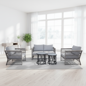 Ensemble de salon d'extérieur moderne en rotin PE gris, <span class=keywords><strong>canapé</strong></span> <span class=keywords><strong>2</strong></span> <span class=keywords><strong>places</strong></span>, <span class=keywords><strong>2</strong></span> fauteuils, <span class=keywords><strong>2</strong></span> tables d'appoint en métal, coussins imperméables, style européen - Product Image 6