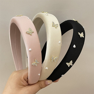 Franse Stijl Effen Kleur Spons Zachte Hoofdband Modieuze Strass Parel Vlinder Haar Hoepel Fancy Hoofdbanden Voor Vrouwen Meisjes - Product Image 2