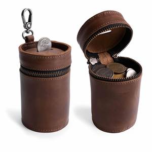 Cross-border Vintage Leather Cylinder Coin Holder <b>Mini</b> Zippered Coin <b>Pouch</b> Portable with Keychain Loop Unisex - Product Image 1