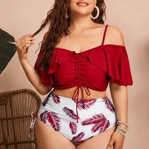 Wholesale OEM Ruffled 2 Pieces Print Swimwear For Chubby Women Drawstring Xxxxl Plus Size Swimwear