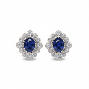 Orecchini a perno blu zaffiro brillante con taglio ovale e design floreale, montatura a castone, gioielli da donna alla moda in lega - Product Image 1