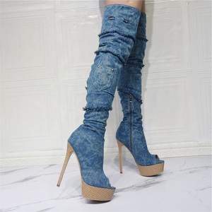 Botas Altas de Plataforma con Tacón para Mujer, Botas de Mezclilla Azules con Cremallera y Punta Abierta, Talla Grande 47 - Product Image 4