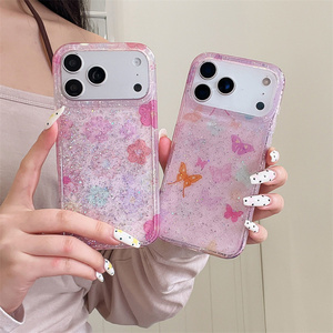 Gilded Glitter Butterfly Ombre Mobile Phone case for iPhone 17 16 15 <b>Pro</b> Max Flower IMD Gradient Rainbow PC Crystal back Cover - Product Image 3