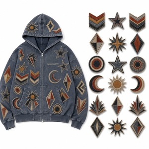 Sweat à capuche zippé vintage personnalisé ODM pour homme, avec broderie géométrique étoile, lune, flèche, logo personnalisé - Product Image 3