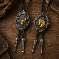1 pièce Cravate Bolo Vintage Western réglable avec crâne de taureau ou tête de cheval, pendentif ovale orné et cordon en cuir PU pour hommes et femmes