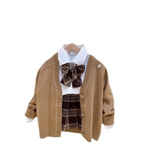 Girls School Style Shirt Pleated Skirt Set Brown Three Piece Cotton Kids Outfit JK Uniform - Product Image 5
