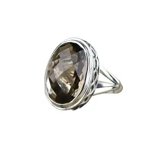 Real Pure Ring 925 Sterling Silver Smoky Quartz Antique Exaggerate Rings For Women Faceted Natural Stone Fine Jewelry Anillos