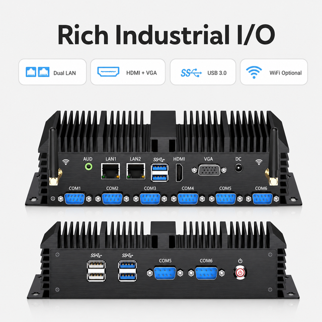 Fanless Mini PC Industrial Embedded Computer Core I7 I5 I3 5500U 6 COM RS232 RS485 Dual Display VGA HDMI Rugged Box PC MK600