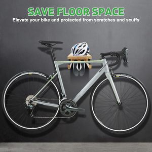 Support mural pour vélo en bois avec étagère et crochets pour la maison, support de rangement horizontal pour vélo intérieur pour économiser de l'espace dans le garage - Product Image 3