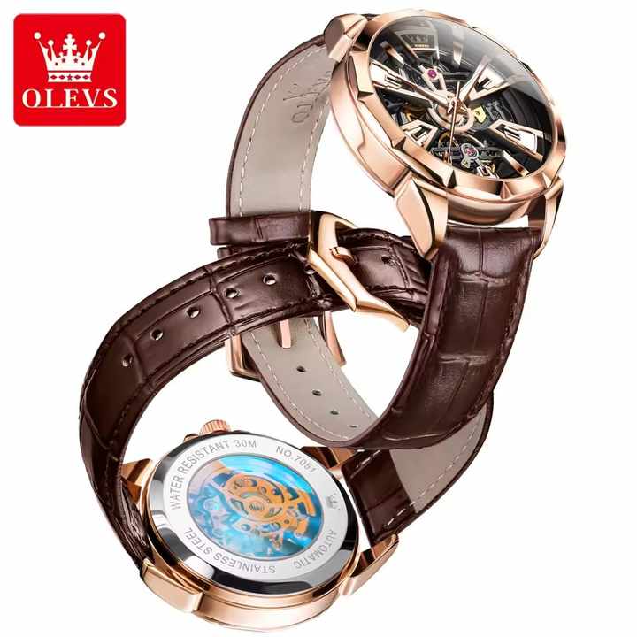 OLEVS-Montre automatique classique pour homme, étanche, lumineuse, de luxe, squelette, bracelet en cuir, montres mécaniques, 7051