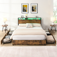 Lit Queen Size Rustique en Métal avec Station de Recharge, Tiroirs de Rangement, Sommier Solide et Stable, et Tête de Lit LED – ODM/OEM Disponibles