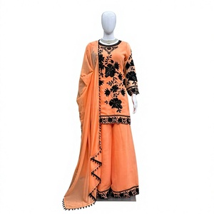 Luxury Peach Orange Georgette Palazzo Suit Set Heavy Black Floral Embroidery <b>Sequin</b> Kurti Palazzo <b>Pant</b> Set with Dupatta Indian - Product Image 1