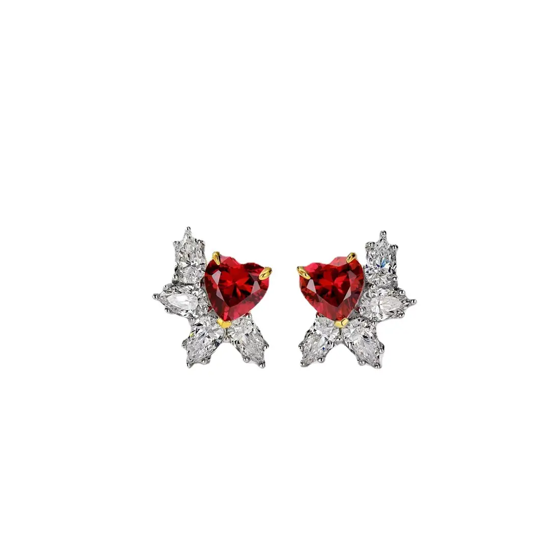 Mode boucle d'oreille bijoux de mariage coloré coeur coupe brillant strass laboratoire cultivé rubis boucles d'oreilles pour les femmes