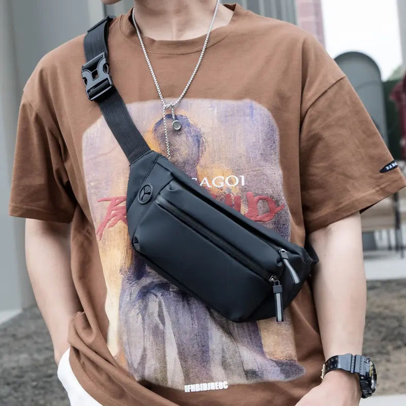 wholesale waterproof pu leather waist bag with headphone hole for men lightweight outdoor travel fanny pack