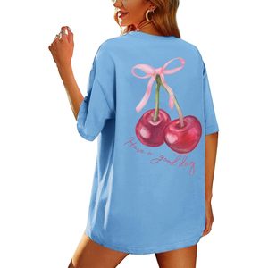 FOXA Oversized Cherry Printed T-Shirt Women 100% Cotton Breathable Summer Top With <b>Bow</b> Decoration - Product Image 1
