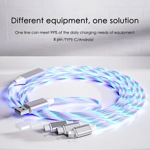 Christmas Gift 3 In 1 LED Glow Flowing Charger Usb Led Cable Micro USB Type C 8 Pin Charging