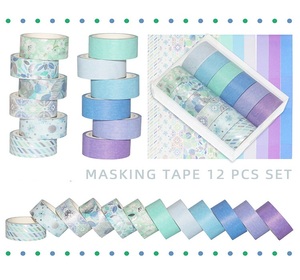 12 rollos <span class=keywords><strong>de</strong></span> cinta Washi <span class=keywords><strong>de</strong></span> tono azul con lámina <span class=keywords><strong>de</strong></span> plata decorativa DIY Scrapbooking diario suministros bala diario planificador pegatinas - Product Image 1