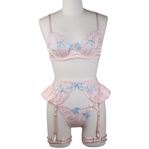 Ensemble soutien-gorge et culotte taille haute pour femme, rose glamour, en <span class=keywords><strong>tulle</strong></span> <span class=keywords><strong>transparent</strong></span> et dentelle, avec broderie florale, respirant, à volants, doux, et porte-jarretelles - Product Image 3