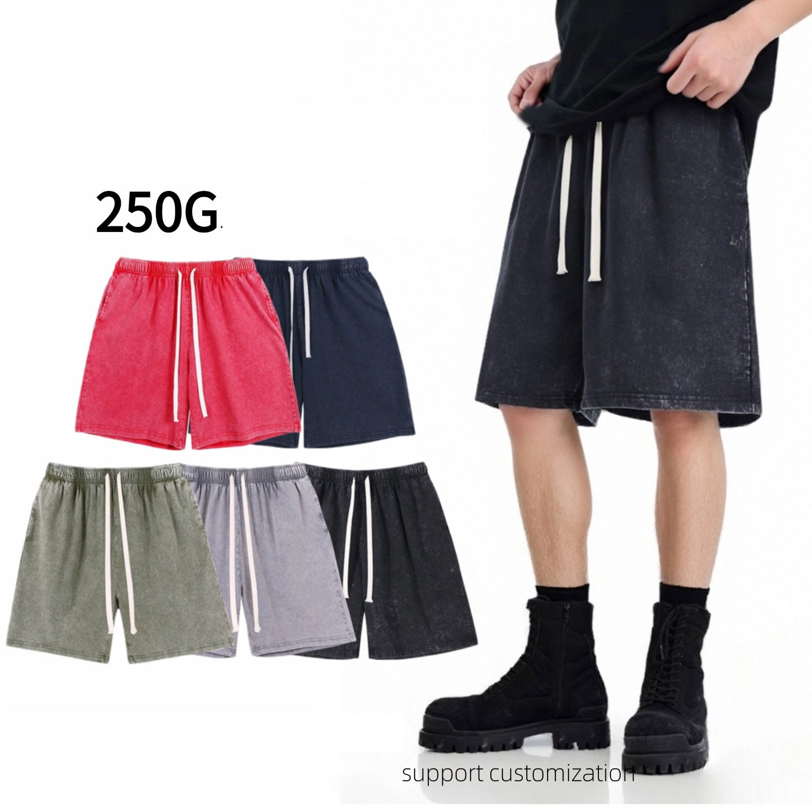Custom logo 3d Embossed European Size Men's Summer Casual Shorts Retro Pants 250g Pure Cotton Washed Distressed t Shirt