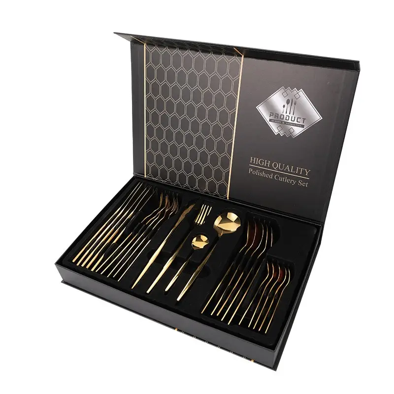 24-Piece Gold Silverware Cutlery Set Portable Tableware for Weddings Banquets Feasts Sustainable Metal Dinnerware with Gift Box