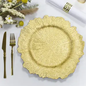 Hot Sale 13 Inch Reusable Wedding Event Party Table Decoration Supplies Plastic Gold Reef Charger Plates