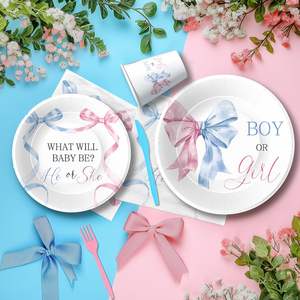 Articles de fête sur le thème du nœud papillon pour révélation du sexe du bébé (garçon ou fille) – Assiettes, gobelets, serviettes et couverts jetables « <span class=keywords><strong>Il</strong></span> ou Elle » - Product Image 4