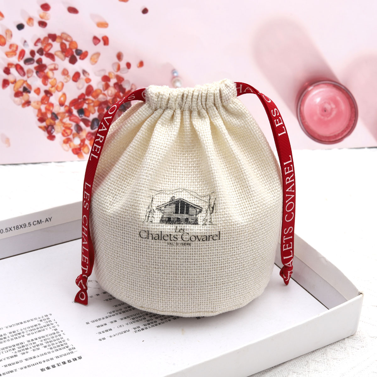 Organic Square Bottom Jute Candle Chocolate Pouch detail