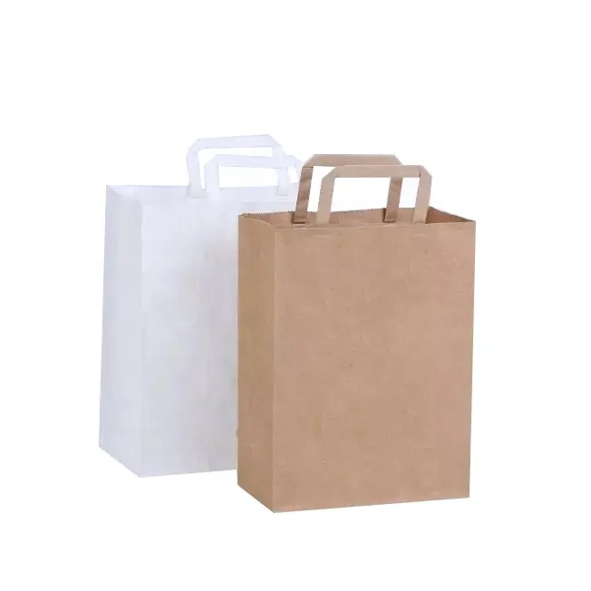 크래프트 종이 sos 캐리어 가방 저렴한 일반 갈색 또는 흰색 플랫 핸들 테이크 아웃 선물