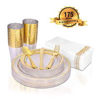175 pièces Assiettes jetables en plastique à bordure dorée, élégantes et robustes, pour desserts de fête et mariages, ensemble de vaisselle