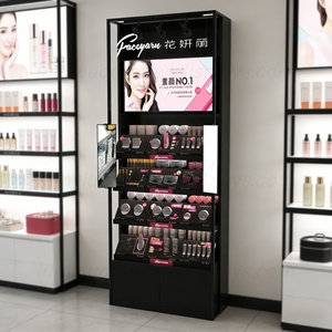 แท่นโชว์เครื่องสำอางแบบมืออาชีพ พร้อมกระจก ไฟสปอตไลท์ปรับได้ และไฟ LED เติมแสง + ตู้เก็บของไม้สำหรับเครื่องสำอาง - Product Image 1